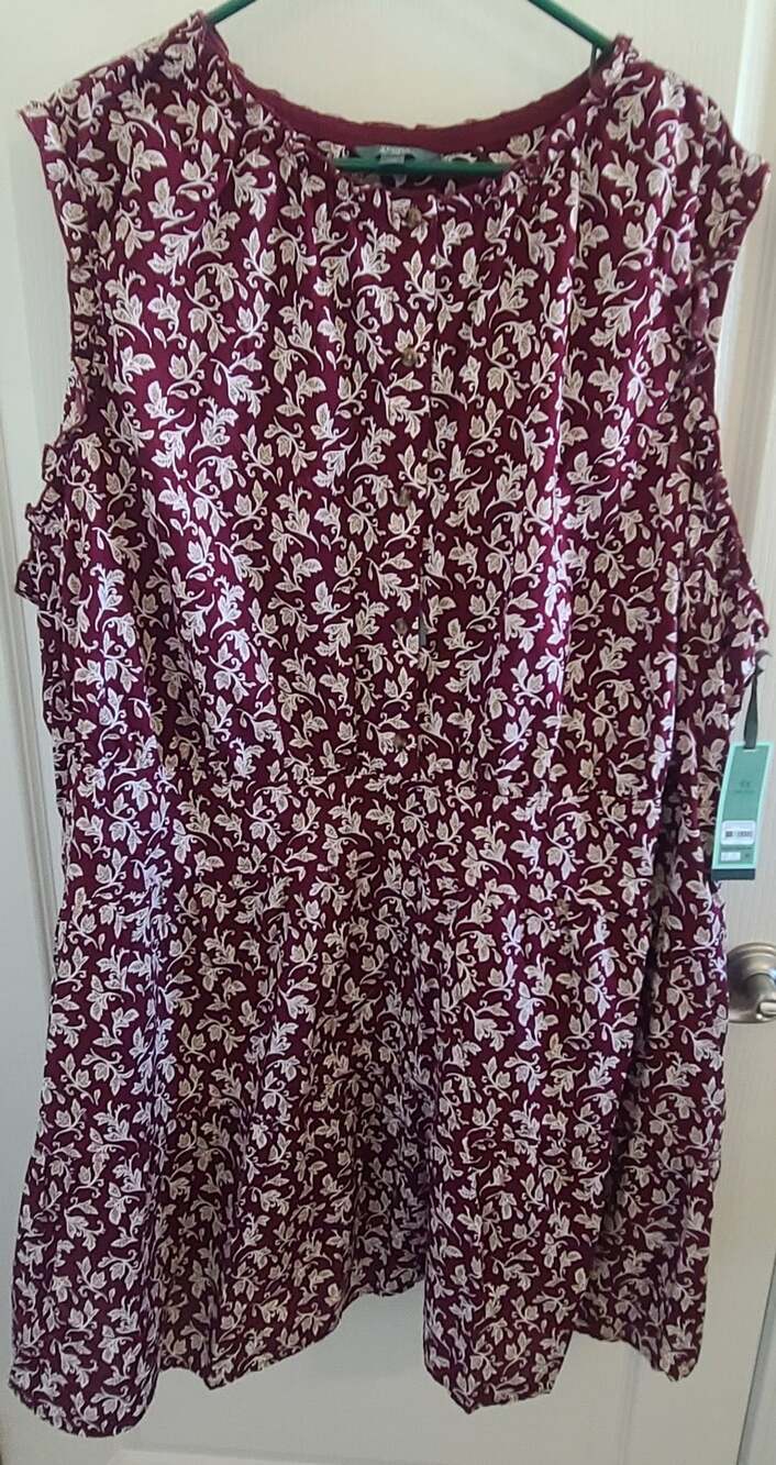 Terra & Sky Button Front Mini Dress Size 4X (28W-30W) Ornate Leaves Wine Burgund